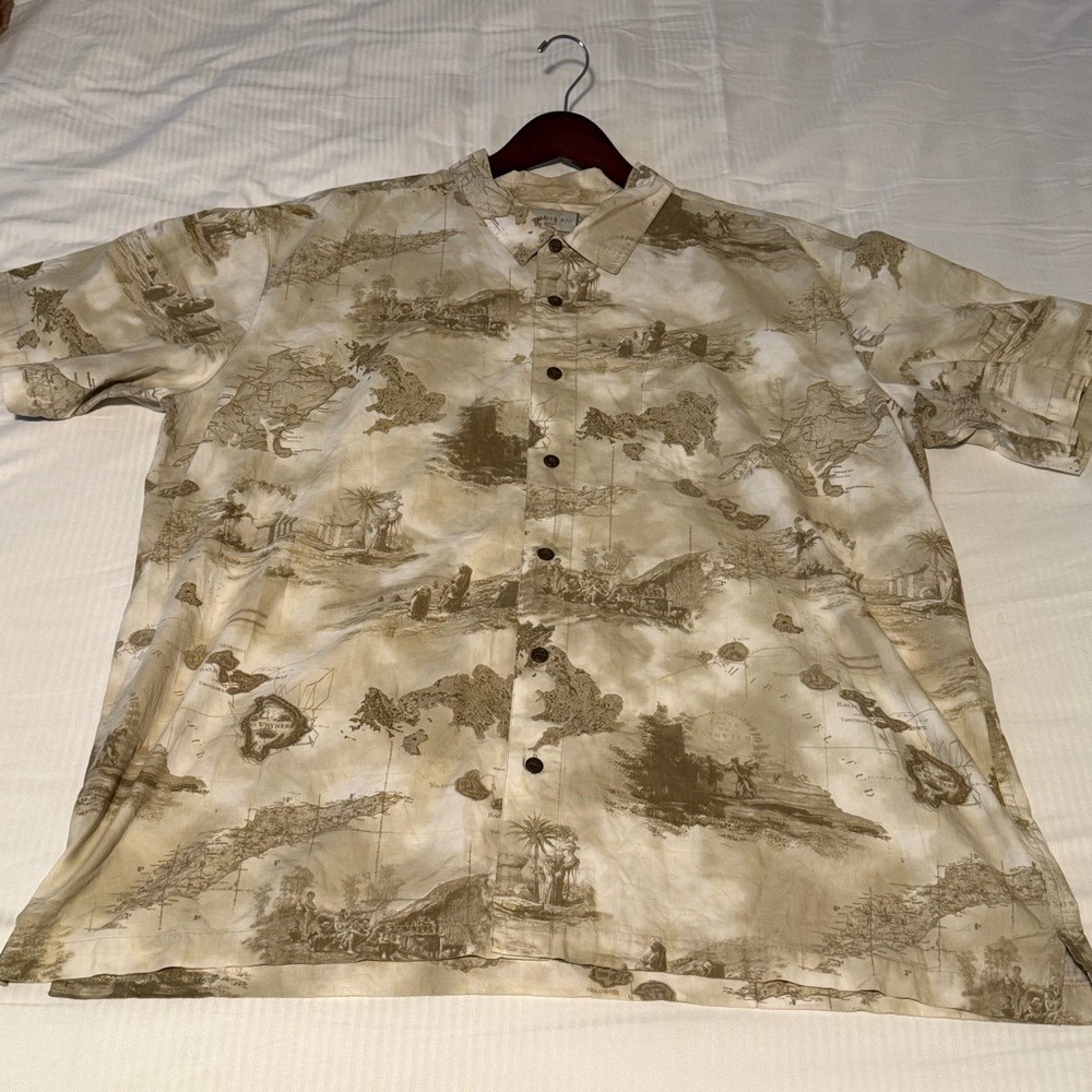 Trader Bay Mens XXL Tan Brown Vintage Map Tropical Island Print Cotton Shirt